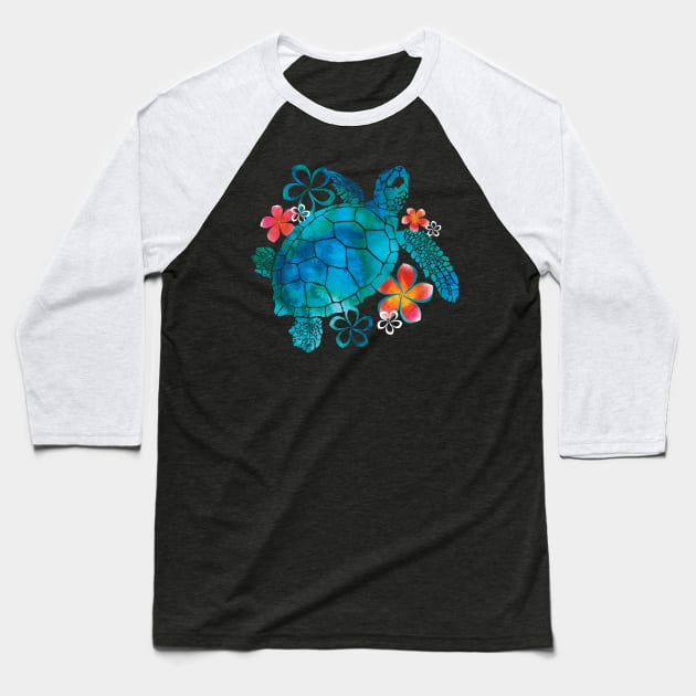 Sea Turtle with Flowers Baseball T-Shirt by KRDesigns